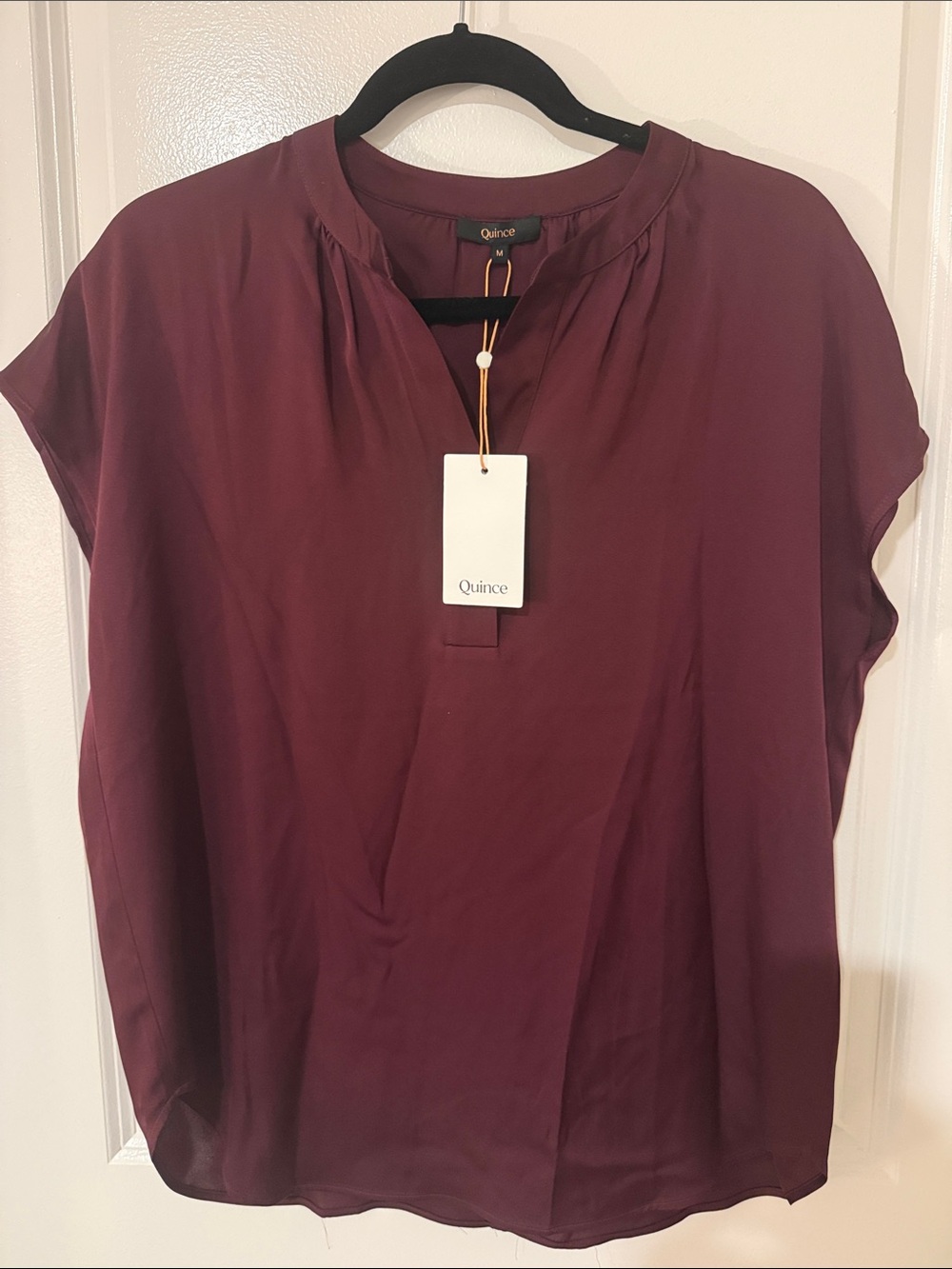 Quince Women's Burgundy Split-Neck Cap Sleeve Blouse